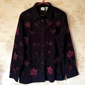 90s Vintage Grannycore Folkloric Floral Embroidered Shacket Black Pink L